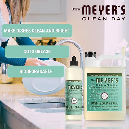 Mrs. Meyer's Basil Dish Soap Set - 16oz Bottle, 48oz Refill, and Dual-Sided Microfiber & Scrubbing Towel