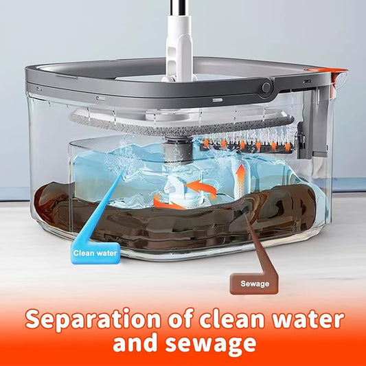 Spin Mop and Bucket Set with Self Separation System 360° Spinning Self-Wringing, Square Clean Mop and Bucket with Wringer-with Replaceable Mop (Light Grey Mop and Bucket Set 10pads)