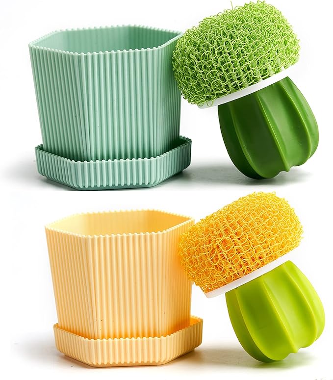 Cactus Dish Scrub Brushes Set of 6 Replacement Brushes, Green and Yellow, for Cleaning Dishes, Pans, Pots, Sink, Countertop, Bathtub