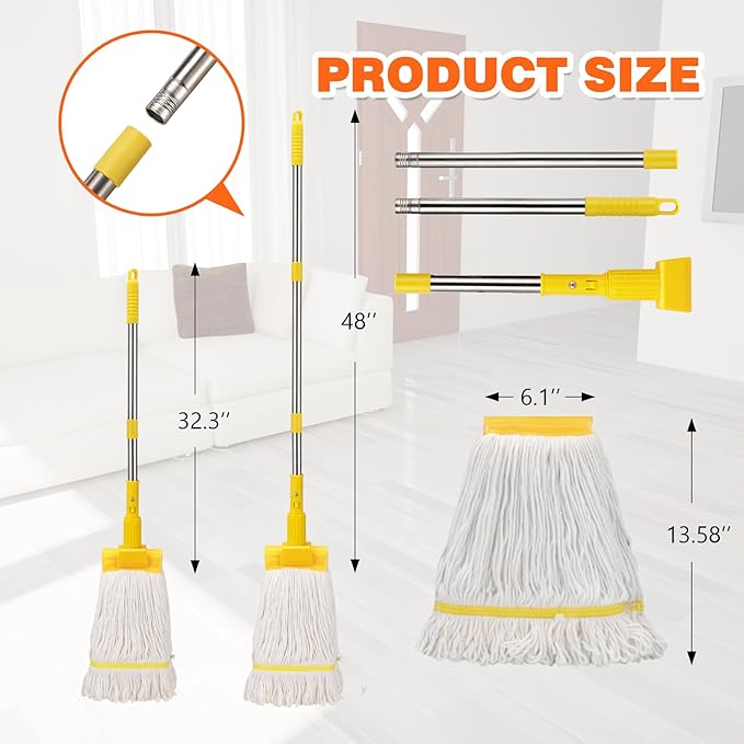 Professional Commercial Heavy Duty Mop,Clip Type Mop with 48" Long Handle,Cotton Wet Industrial Mops for Floor Cleaning,Home,Kitchen,Office,Garage and Concrete Tile Floor