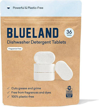 BLUELAND Dishwasher Detergent Tablets, 36 Count, Unscented 100% Plastic-Free Eco Friendly Dishwashing Pods, Natural, Sustainable