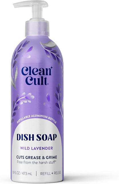 Cleancult -Wild Lavender - Liquid Dish Soap - Refillable Aluminum Bottle - Dish Soap that Cuts Grease & Grime - 16 oz - 1 Pack