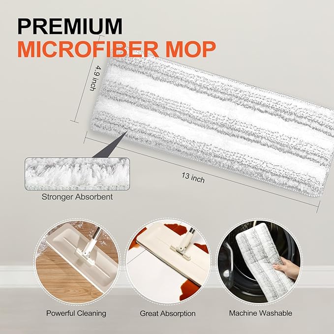 Mop and Bucket Set for Home, Hands-Free White Flat Squeeze Mop and Bucket System,Floor/Wall Cleaner with Long Handle, Wet/Dry Use (Mop and Buckets Set with 6 Pads)
