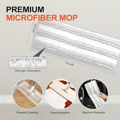 Mop and Bucket Set for Home, Hands-Free White Flat Squeeze Mop and Bucket System,Floor/Wall Cleaner with Long Handle, Wet/Dry Use (Mop and Buckets Set with 6 Pads)