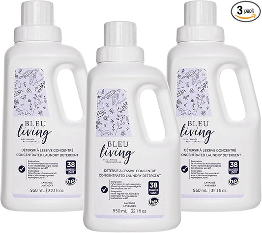 Bleu Lavande - 3 Pack Natural Liquid Laundry Detergent - Concentrated Detergent - Biodegradable - Pure Lavender Essential Oil - No Phosphates - No artificial fragrances - 3x 32.1 Fl Oz