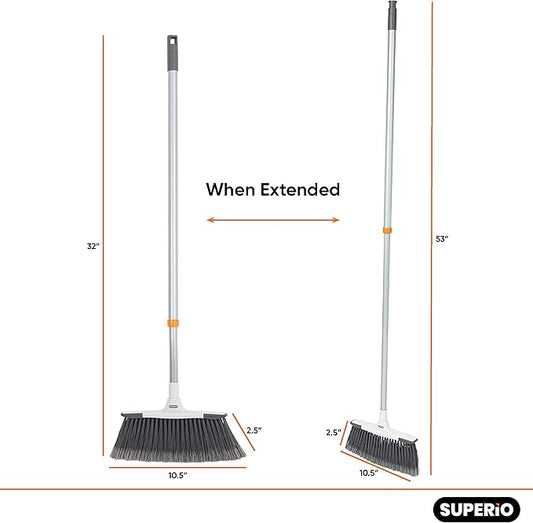 Slim Angle Broom, Heavy Duty Broom, Indoor Brom, Outdoor Angle Broom with Extendable Handle, Durable Collapsible Broom for Home, Kitchen, RV, Travel, Grey, 1 Pack, by Superio