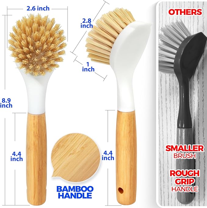 Holikme 3 Pack Dish Brush Set with Bamboo Handle, Kitchen Cleaner for Cleaning Pot, Pan, Sink and Stove, Scrubber with Medium Bristles, Yellow