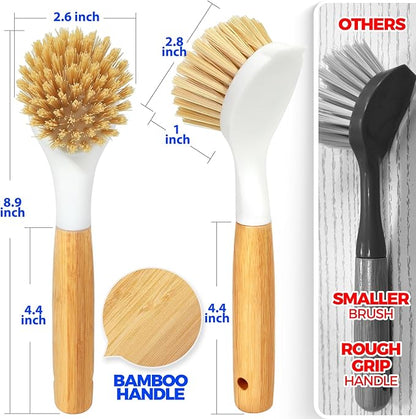 Holikme 3 Pack Dish Brush Set with Bamboo Handle, Kitchen Cleaner for Cleaning Pot, Pan, Sink and Stove, Scrubber with Medium Bristles, Yellow