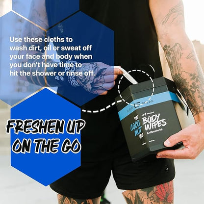 Body Wipes - for Face and Body, No Water, Wipe Away Sweat and Odor, Large Textured, Travel, Gym, Camping and More, 120 Cnt Jug (Coconut)
