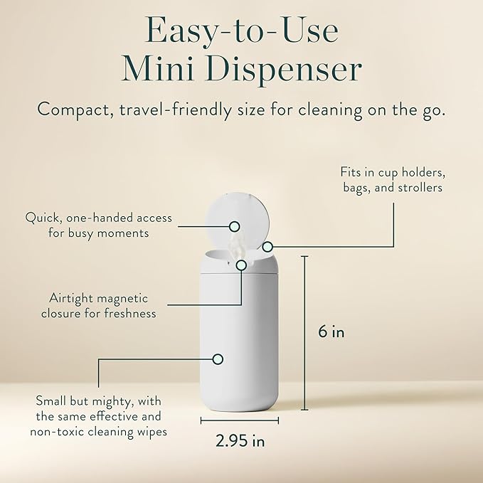 Mini Dispenser + Hand SanitizingWipes Starter Kit - Eucalyptus Scented Biodegradable Kid-SafeWipes | All Natural, Non-Toxic Plant-Based Hand SanitizingWipes with Aloe for Soft Skin (Midnight)