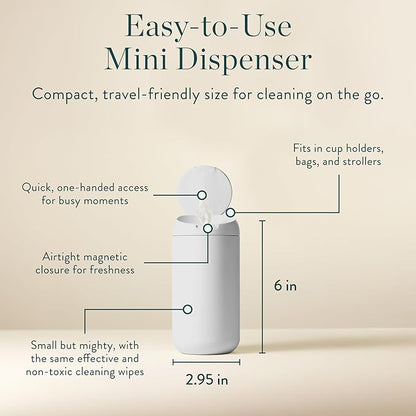 Mini Dispenser + Hand SanitizingWipes Starter Kit - Eucalyptus Scented Biodegradable Kid-SafeWipes | All Natural, Non-Toxic Plant-Based Hand SanitizingWipes with Aloe for Soft Skin (Midnight)