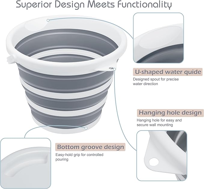 Collapsible Bucket Mop Bucket 2.6 Gallon(10L) for House Cleaning, Travel, and More - Lightweight, Foldable, and Portable for Outdoor Adventures(Grey-Round)
