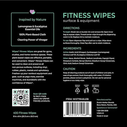 Wipex Gym Wipes for Equipment Bundle – Get 1600 Wipes with (2) Lemongrass & Eucalyptus Buckets & (2) Refill Rolls, Plant-Based Fitness Equipment Wipes, Clean Surfaces & Gear, 400 Count (Pack of 4)
