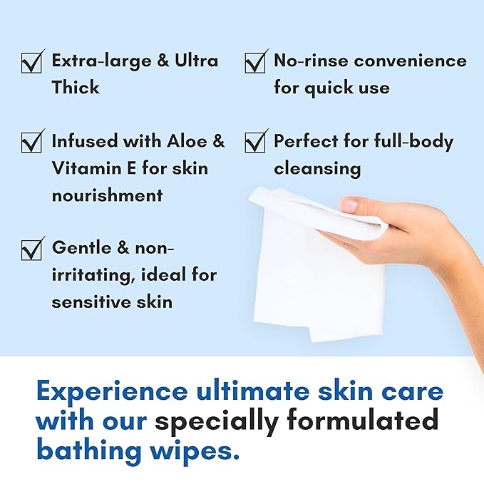 Nurture Rinse Free Bathing Wipes for Adults w/Aloe | Waterless Cleansing for Sensitive Skin | Disposable Adult Body Bath Wet Wipe for Disabled, Bedridden | 192 wipes