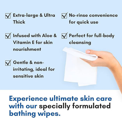 Nurture Rinse Free Bathing Wipes for Adults w/Aloe | Waterless Cleansing for Sensitive Skin | Disposable Adult Body Bath Wet Wipe for Disabled, Bedridden | 192 wipes