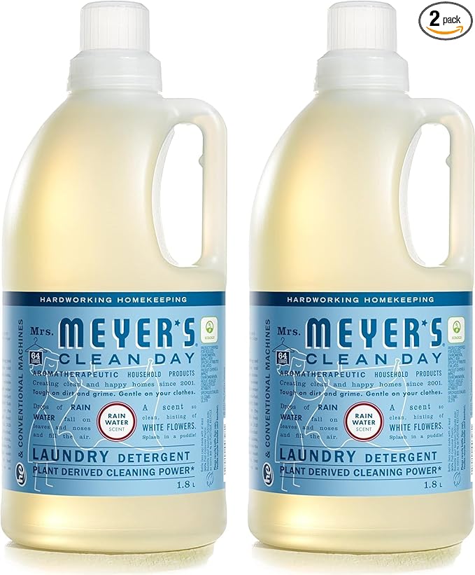 MRS. MEYER'S CLEAN DAY Liquid Laundry Detergent, Biodegradable Formula Infused with Essential Oils, Rain Water, 64 oz - Pack of 2 (128 Loads)