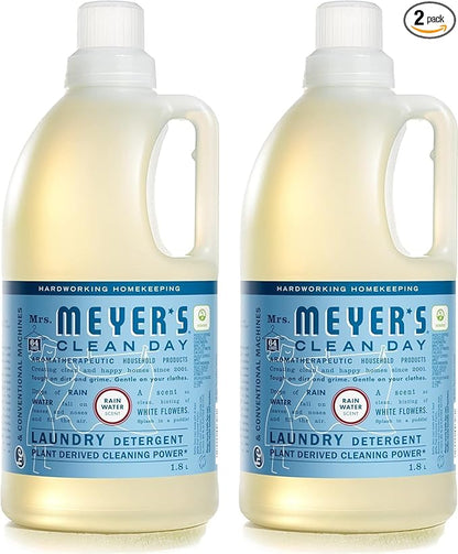 MRS. MEYER'S CLEAN DAY Liquid Laundry Detergent, Biodegradable Formula Infused with Essential Oils, Rain Water, 64 oz - Pack of 2 (128 Loads)