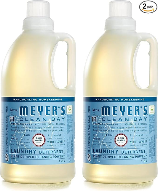 MRS. MEYER'S CLEAN DAY Liquid Laundry Detergent, Biodegradable Formula Infused with Essential Oils, Rain Water, 64 oz - Pack of 2 (128 Loads)