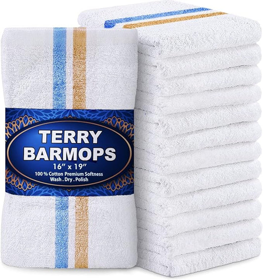 GREEN LIFESTYLE Blue & Orange Stripe Terry Kitchen Bar Mops 28 Oz- 16 X 19 inches, Highly Absorbent, Ultra-Light, and Durable, Pack of 12