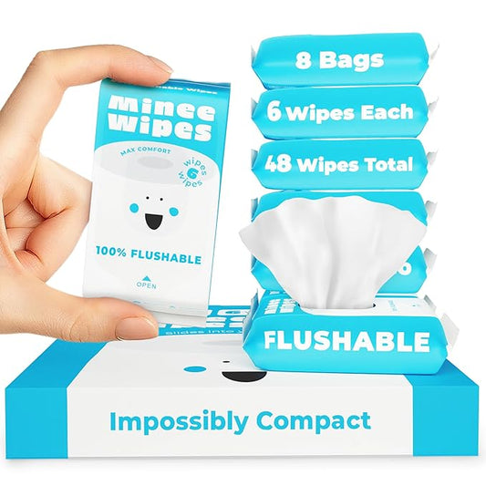 Impossibly Compact Travel Flushable Wipes with Natural Extracts - Skin-Friendly Wet Wipes, Hypoallergenic & Unscented Travel Size Butt Wipes for Adults, Kids & Baby Care - 8 Pack Total 48 Wipes