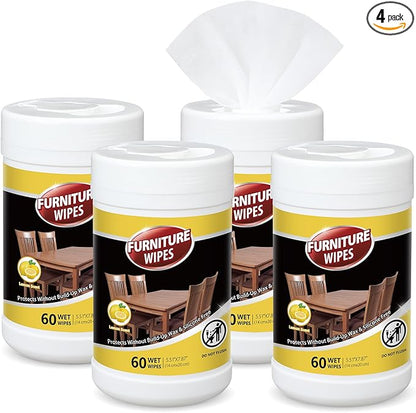 4 Pack Wood Furniture Wipes 240 Count Wood Furniture Cleaner and Polish Wipes Remove Dirt and Grime Buildup Cabinet Cleaner for Wood Surfaces Floors Kitchen Bathroom Cabinet Cleaning