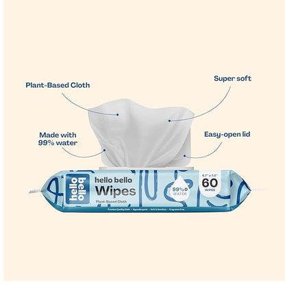 Hello Bello Extra Gentle Unscented Baby Wipes, Plant Based, Made with 99% Water and Aloe for Babies and Kids, 60 Count (Pack of 9) Total 540 Count