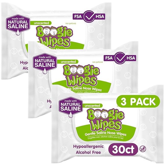 Saline Nose Wipes by Boogie, for Baby & Kids, Face, Hand & Body, FSA/HSA Eligible, Made with Vitamin E, Aloe, and Natural Saline, Unscented, 30 Count (Pack of 3)