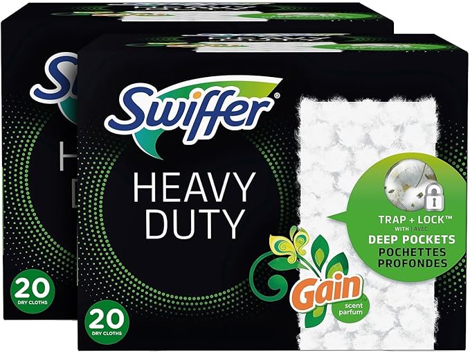 Swiffer Sweeper - Heavy-Duty - Dry Cloth Refill, Gain Scent, White - Trap + Lock with Deep Pockets - 20 Ct. (Pack of 2)