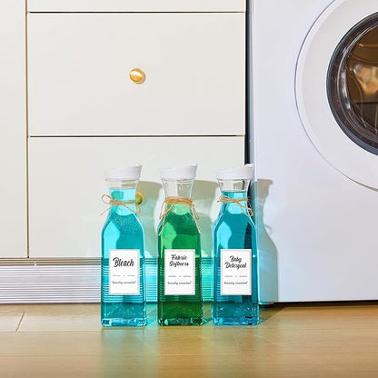 Hushee 4 Pcs Laundry Detergent Dispenser Bottle 51oz with Measure Cup Labels for Laundry Detergent Soap Fabric Softener Bleach Scent Booster Beads Bottle for Laundry Room Decor