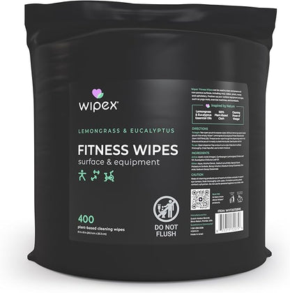 Wipex Gym Wipes for Equipment Bundle – Get 1600 Wipes with (2) Lemongrass & Eucalyptus Buckets & (2) Refill Rolls, Plant-Based Fitness Equipment Wipes, Clean Surfaces & Gear, 400 Count (Pack of 4)