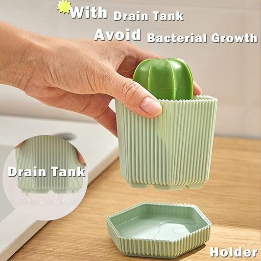 Cactus Mini Dish Brush Set with Drip Tray (3 Replacement Brushes), Durable Kitchen Cleaning Scrubbers for Plates, Pans, Pots, Sink (Green)