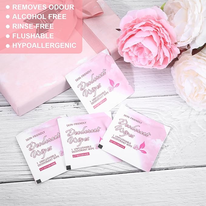 200Pcs Travel Deodorant Wipes, Travel Size Mini Deodorant Wipes Bulk for Homeless, Individually Wrapped Body Cleaning Supplies for Women Wet Armpit for Body Cleaning Rose
