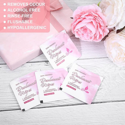 200Pcs Travel Deodorant Wipes, Travel Size Mini Deodorant Wipes Bulk for Homeless, Individually Wrapped Body Cleaning Supplies for Women Wet Armpit for Body Cleaning Rose
