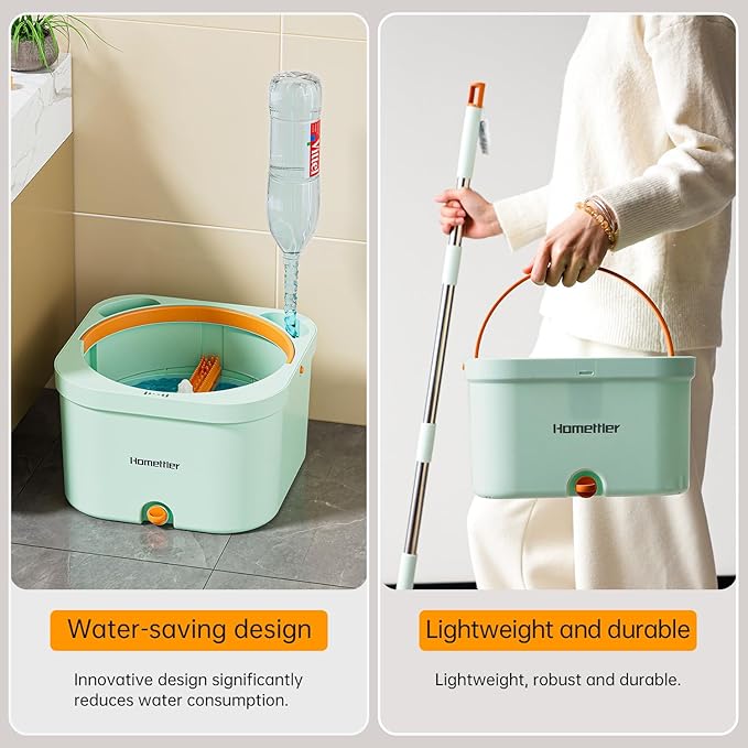 Spin Mop and Bucket with 2 Microfibra Replaceable Mop Pads, Self Separation Dirty and Clean Water System Self Wringing 360° Rotating Square Mop-Head (1 Bucket + 52'' Mop + 2 Microfibra Pads)