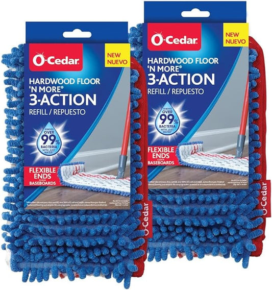 O-Cedar Hardwood Floor 'N More Microfiber 3-Action Flip Mop Refill (2-Pack) | Double-Sided Mop Head with Microfiber and Chenille | Reusable, Machine-Washable Mop Head Replacement