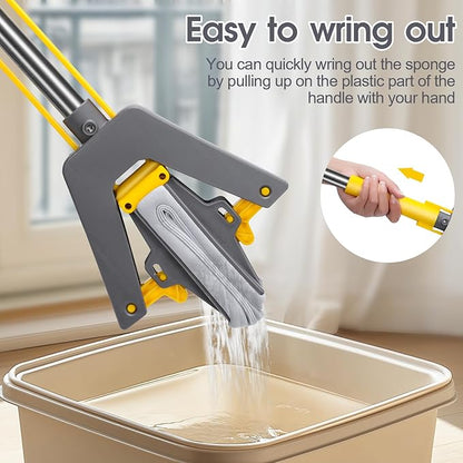 Masthome Sponge Mop,Roller Sponge Mop with 3 Absorbent PVA Mop Refills,Self Squeeze Sponge Mops and Stainless Steel Handle,PVA Sponge Mops for Floor Cleaning