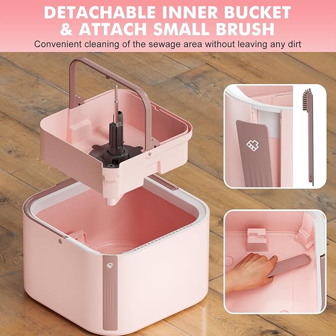 Upgraded Spin Mop and Bucket Self-Standing Mop Bucket Separate Dirty and Clean Water System Self Wringing 360° Rotating & 90° Foldabl Mops and Buckets for Floor Cleaning (Pink, 14Pads)