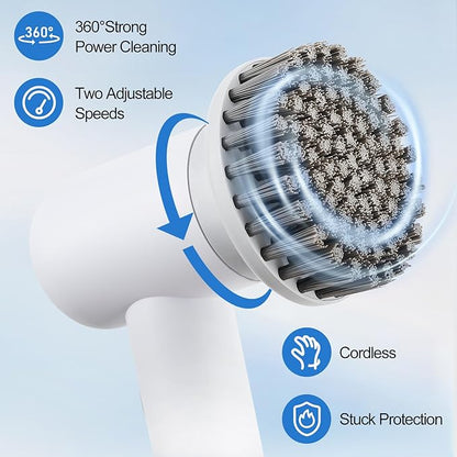 Rechargeable Handheld Scrubbers for Cleaning,Cordless,Power Indicators Electric Spin Scrubber,2 Adjustable Speeds,with 3 Replaceable Cleaning Brush Heads-Suitable for Tub,Kitchen Stove-White