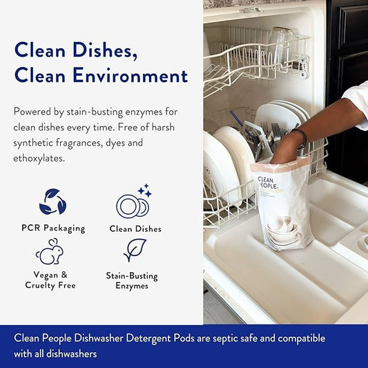 The Clean People Dishwasher Pods - Cuts Grease & Rinses Sparkling Clean - Residue-Free - Phosphate Free Dishwashing Pods - Fragrance Free, 30 Pack