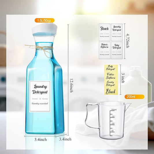 Hushee 4 Pcs Laundry Detergent Dispenser Bottle 51oz with Measure Cup Labels for Laundry Detergent Soap Fabric Softener Bleach Scent Booster Beads Bottle for Laundry Room Decor