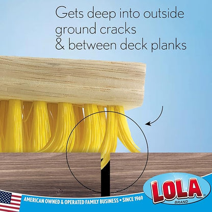 Lola Products Deck Scrub Brush Broom, 9" x 3.5" Wide, Durable Bristles Remove Dirt, Grime, Grout, Leaves, Snow on Patios, Decks, Wet or Dry, 1 Count