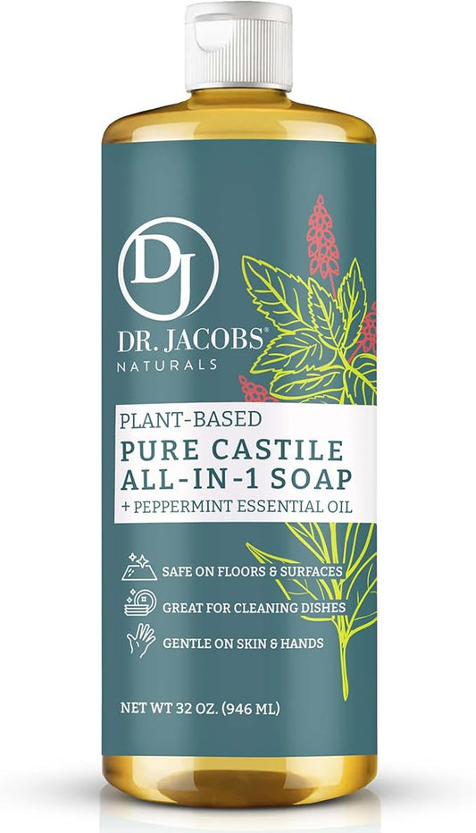 Dr. Jacobs Naturals Peppermint Castile Soap All-Purpose Cleaner, Effective Plant-Based Formula for House Cleaning. Eco-friendly for Home Essentials and the Planet (32 Fl Oz, 1 Pack)