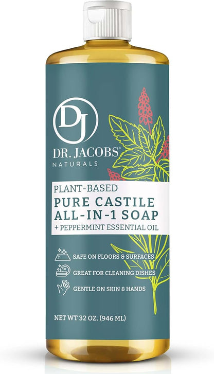 Dr. Jacobs Naturals Peppermint Castile Soap All-Purpose Cleaner, Effective Plant-Based Formula for House Cleaning. Eco-friendly for Home Essentials and the Planet (32 Fl Oz, 1 Pack)