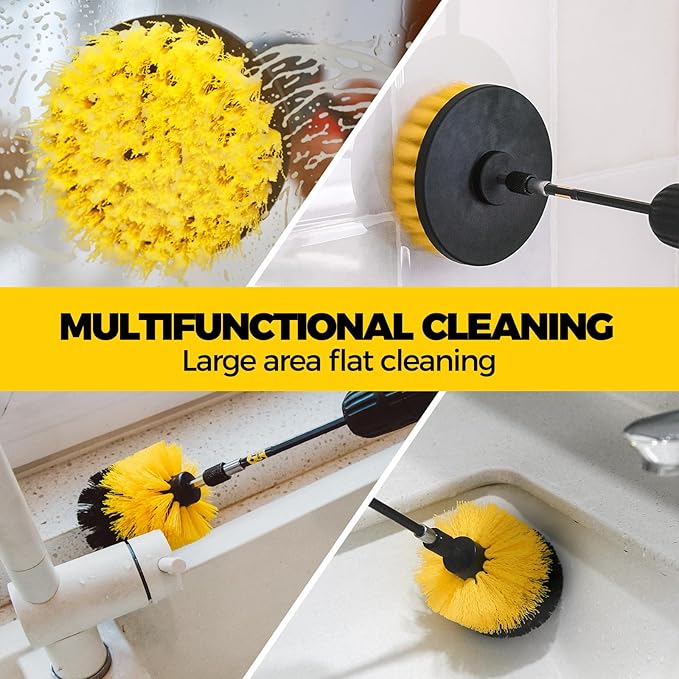 Holikme 8 Piece Drill Brush Attachments Set, Power Scrubber Brush with Extend Long Attachment，Cleaning Supplies，Scrub，Shower Scrubber，Bathtub, Bathroom, Kitchen（Black）