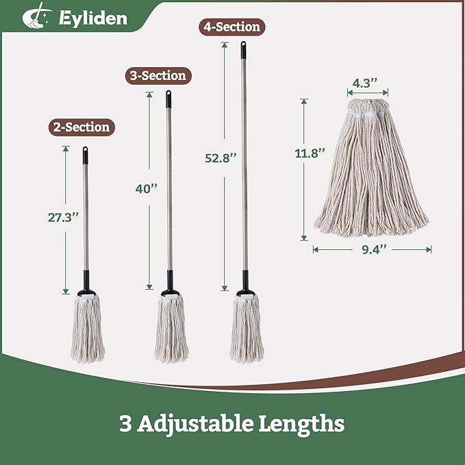 Eyliden String Mop with 2 Reusable Mop Heads, Non-Touch Replacement, Adjustable Cotton Mops for Floor Cleaning, No-Scratch Absorbent Classic Mop for Tile Concrete Wood Floor Kitchen Bathroom