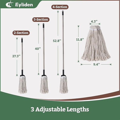 Eyliden String Mop with 2 Reusable Mop Heads, Non-Touch Replacement, Adjustable Cotton Mops for Floor Cleaning, No-Scratch Absorbent Classic Mop for Tile Concrete Wood Floor Kitchen Bathroom