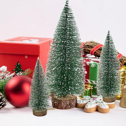 5PCS Small Christmas Trees, Bottle Brush Christmas Trees Mini Sisal Snow Frost Trees Pine Trees with Wood Base Tabletop Mini Christmas Village Tree for Holiday Decorations