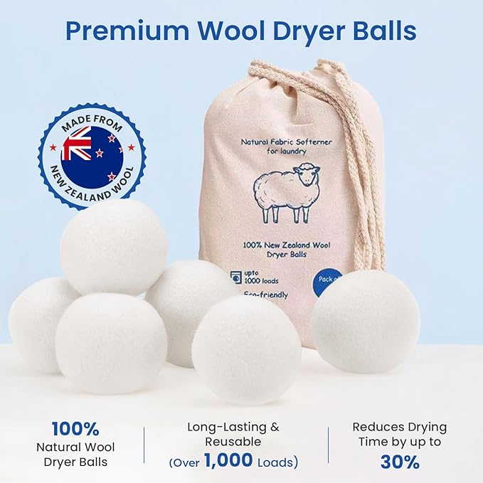 100% New Zealand Wool Dryer Balls – Premium Reusable Natural Fabric Softener – Hypoallergenic, Chemical-Free & Eco-Friendly Laundry Softening – Reduces Drying Time by 30% - 6 Pack