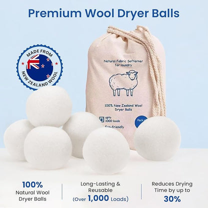 100% New Zealand Wool Dryer Balls – Premium Reusable Natural Fabric Softener – Hypoallergenic, Chemical-Free & Eco-Friendly Laundry Softening – Reduces Drying Time by 30% - 6 Pack