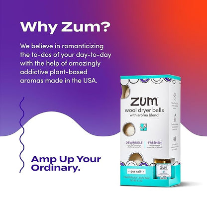 Zum Indigo Wild Laundry Dryer Balls Kit - Wool Laundry Balls for The Dryer - Essential Oil Spray - Reusable Drying Balls for Laundry - Sea Salt - (3 Dryer Balls, 1 Aroma Blend)